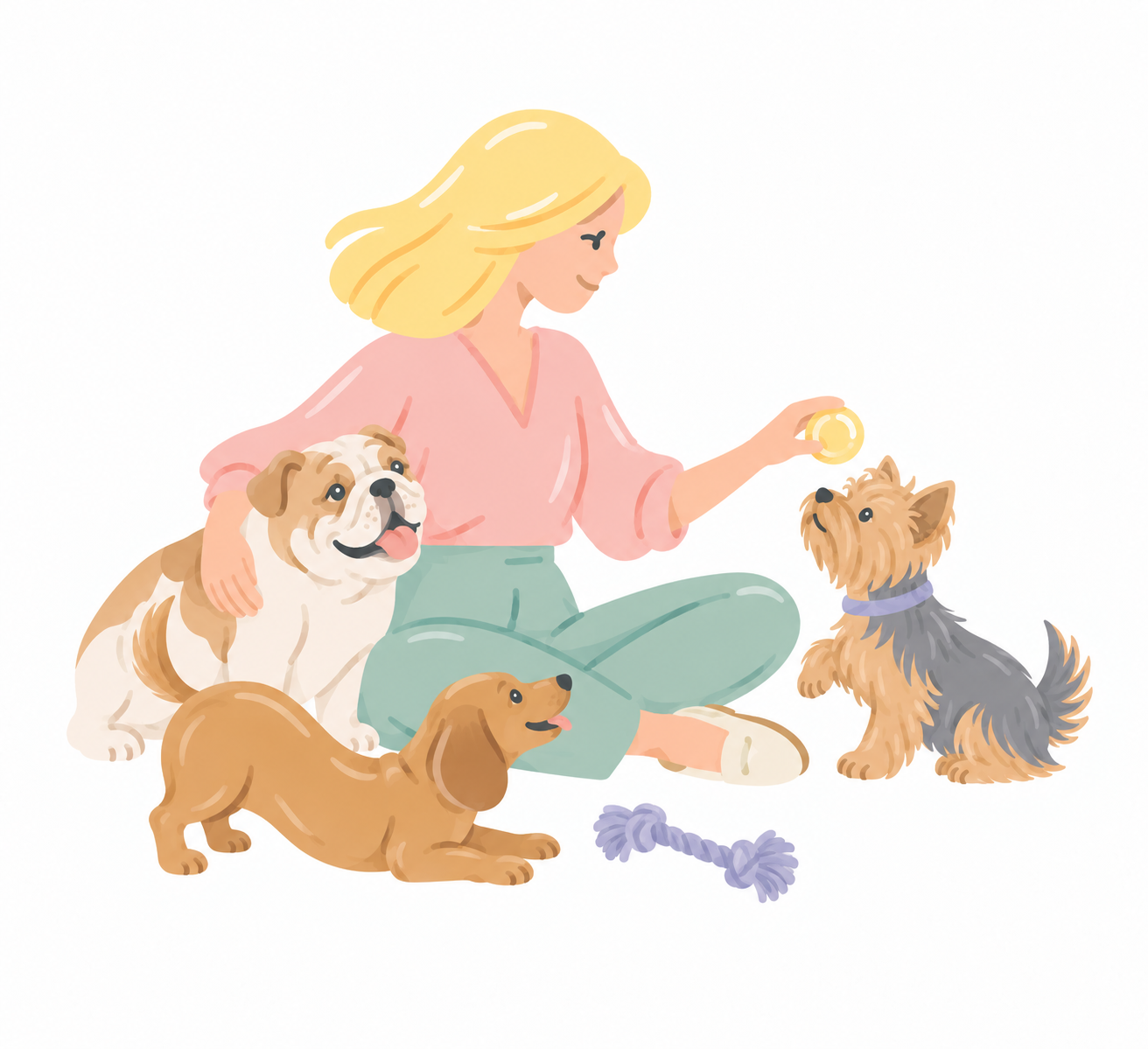 Illustration of a woman playing with a bulldog, dachshund and Yorkshire terrier