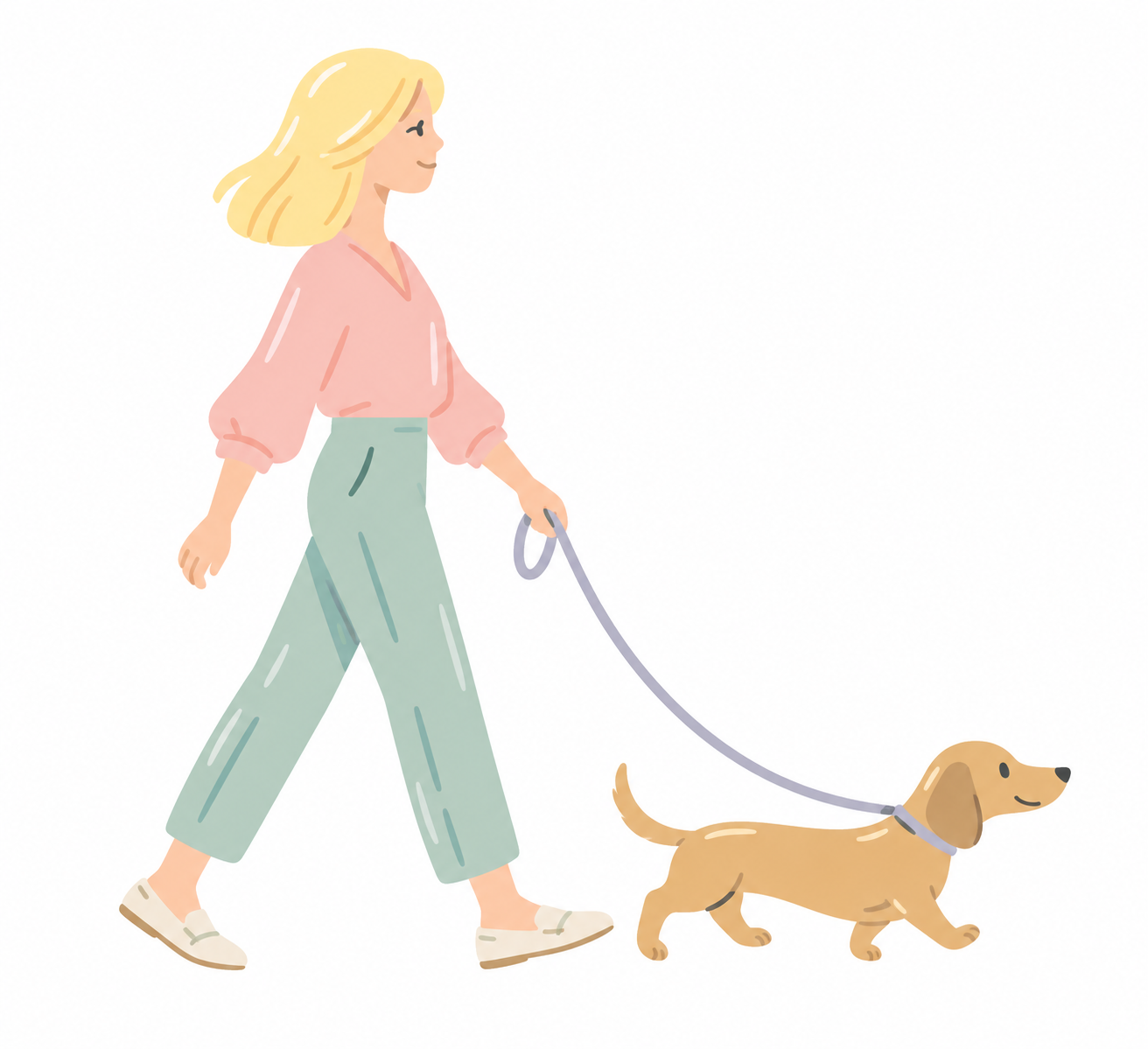 Illustration of a blonde woman walking a dachshund