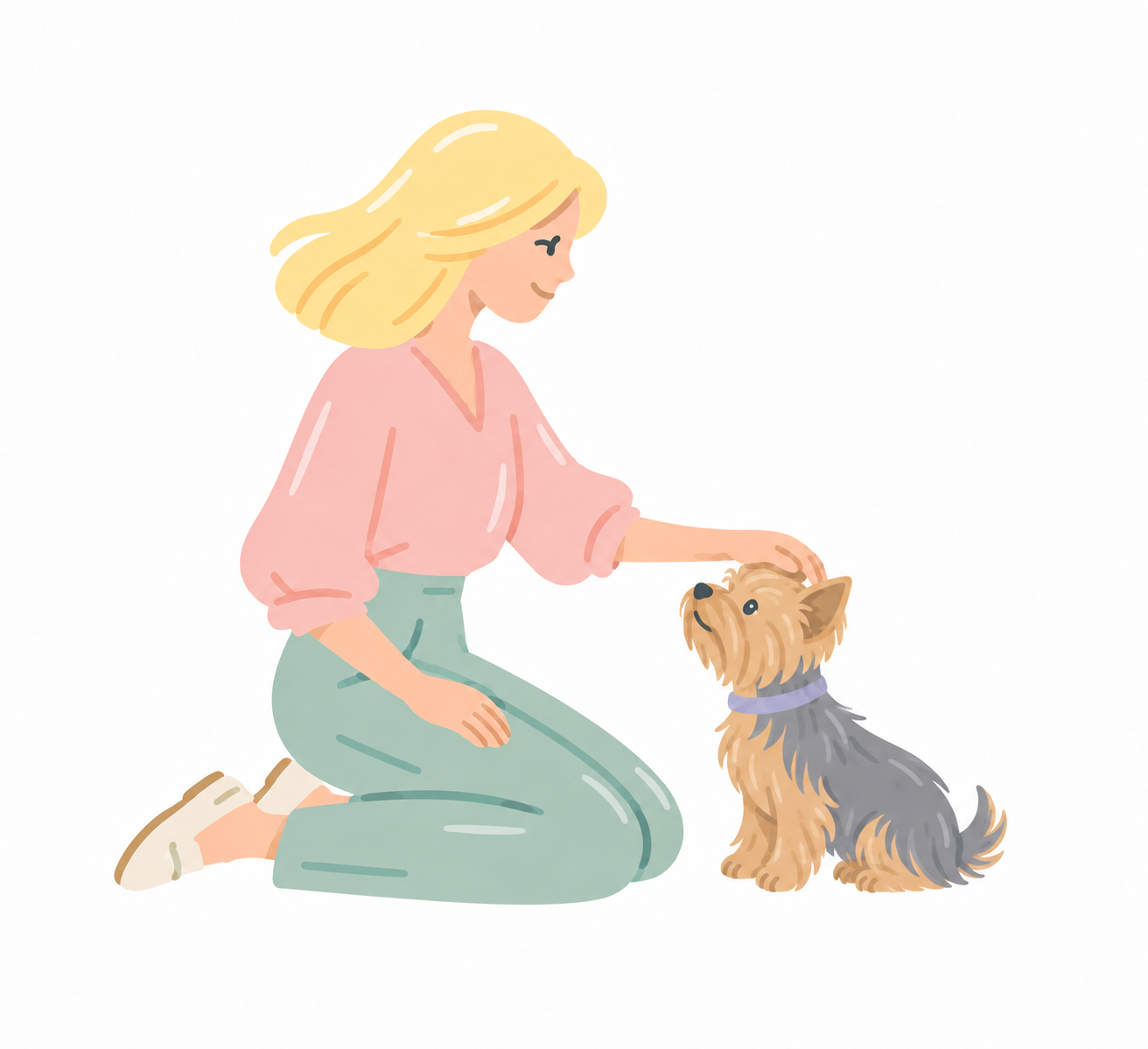 Illustration of a woman kneeling beside and petting a Yorkshire terrier