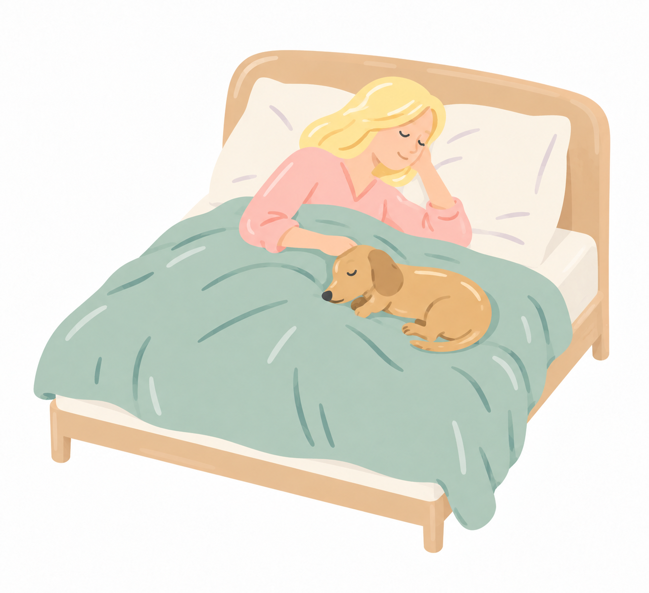 Illustration of a woman resting in bed with a sleeping dachshund